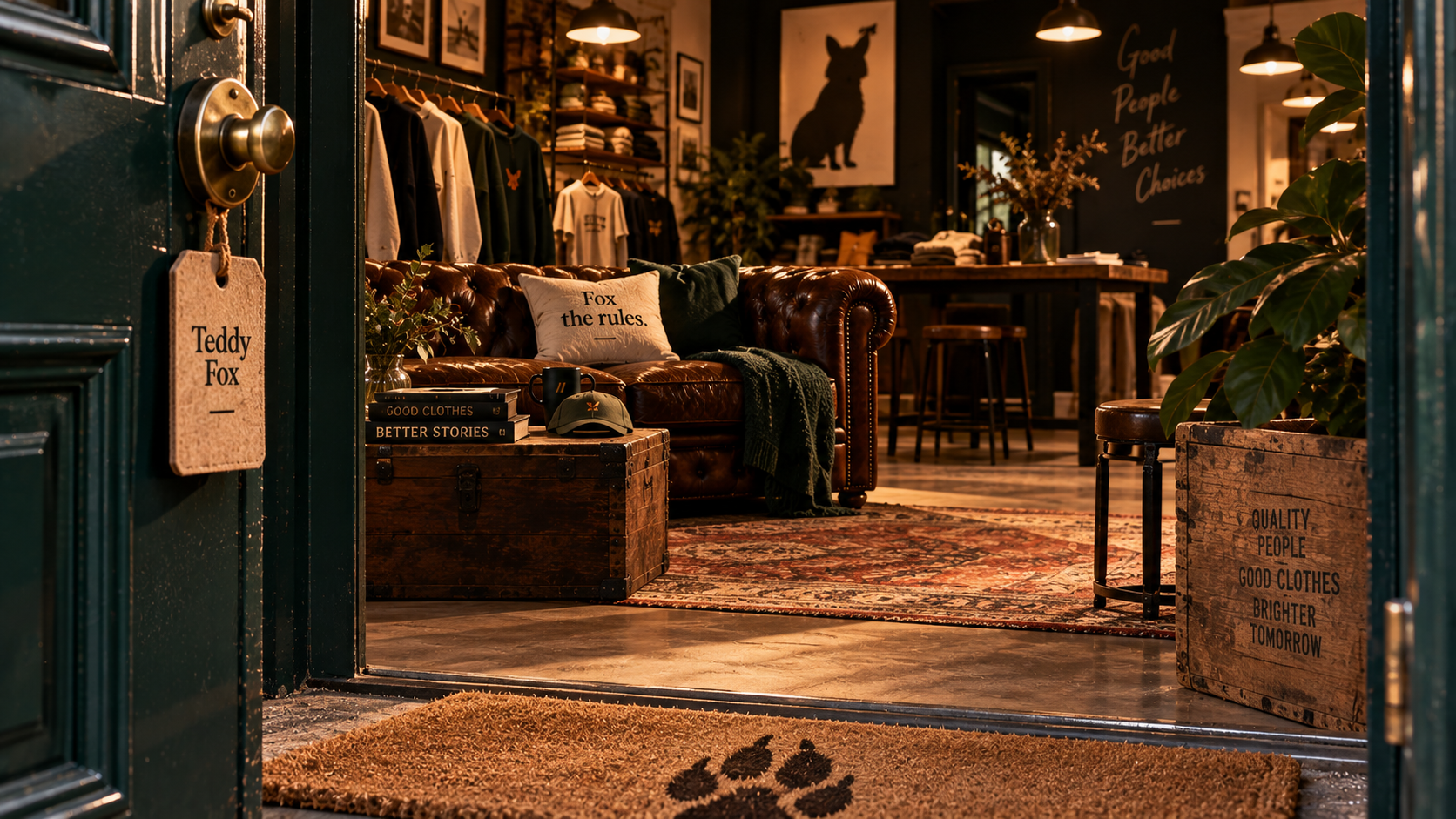 Intérieur de la boutique Teddy Fox : canapé en cuir, coussin « Fox the rules » et vêtements suspendus