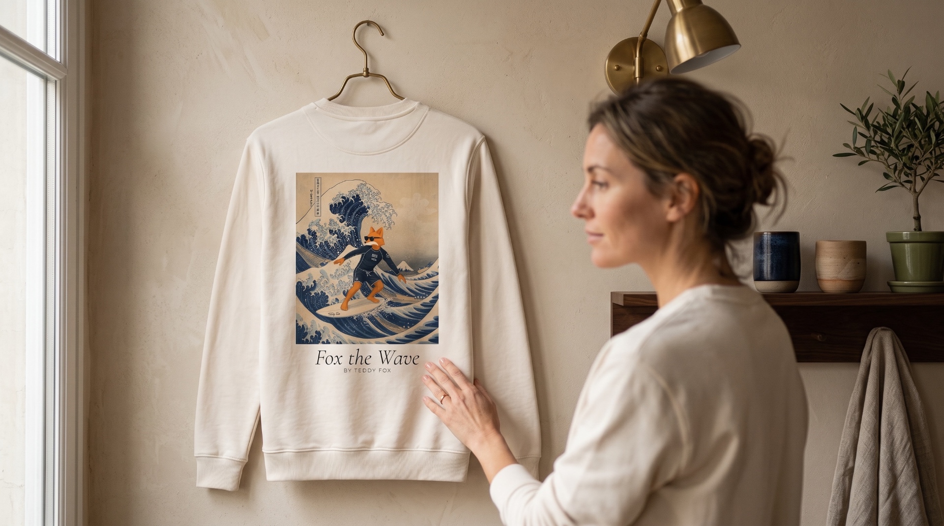 Sweat Teddy Fox Collector Fox the Wave, imprimé renard surfeur sur la Grande Vague, présenté dans un intérieur chaleureux