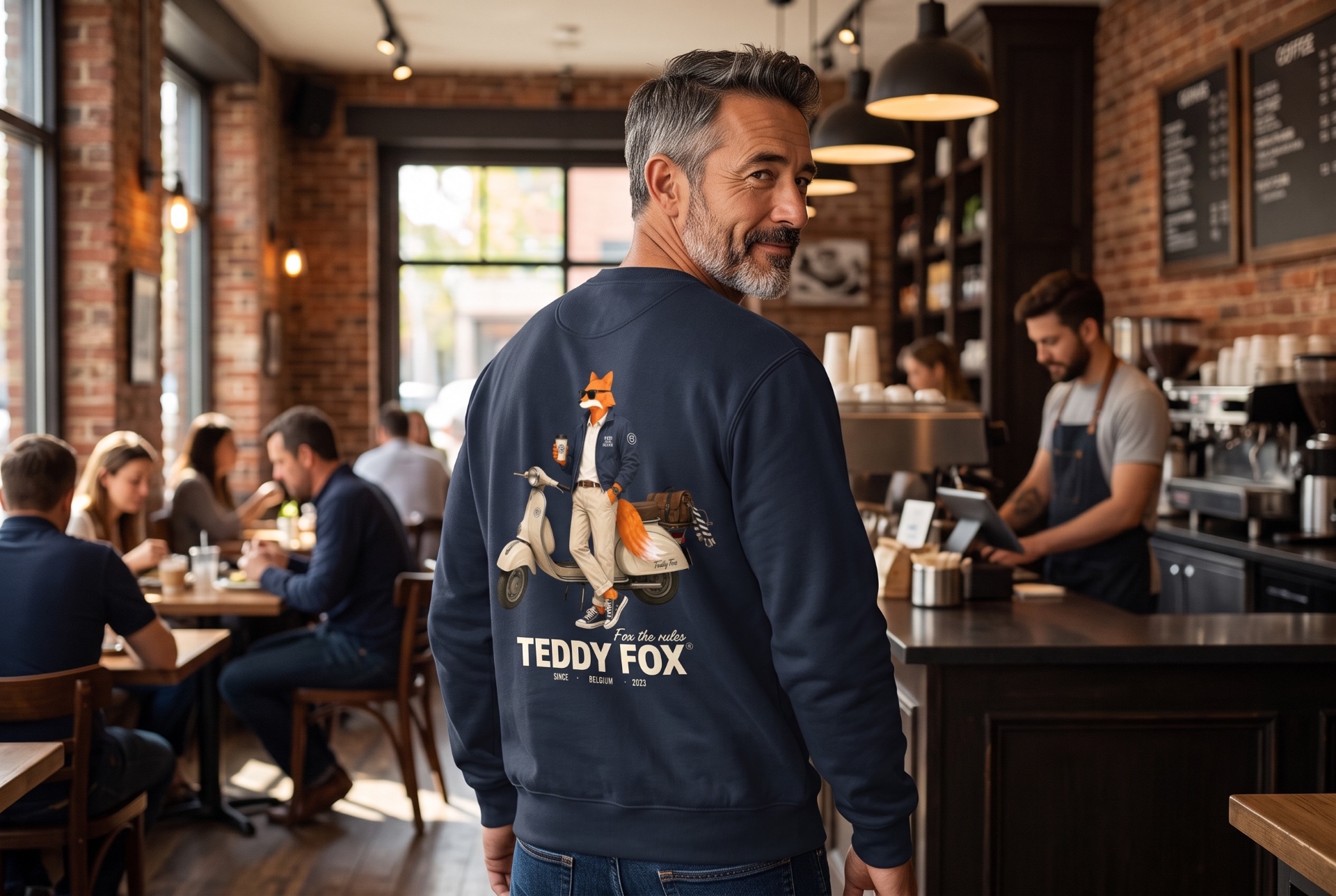 Homme portant un sweat Teddy Fox bleu marine dans un café
